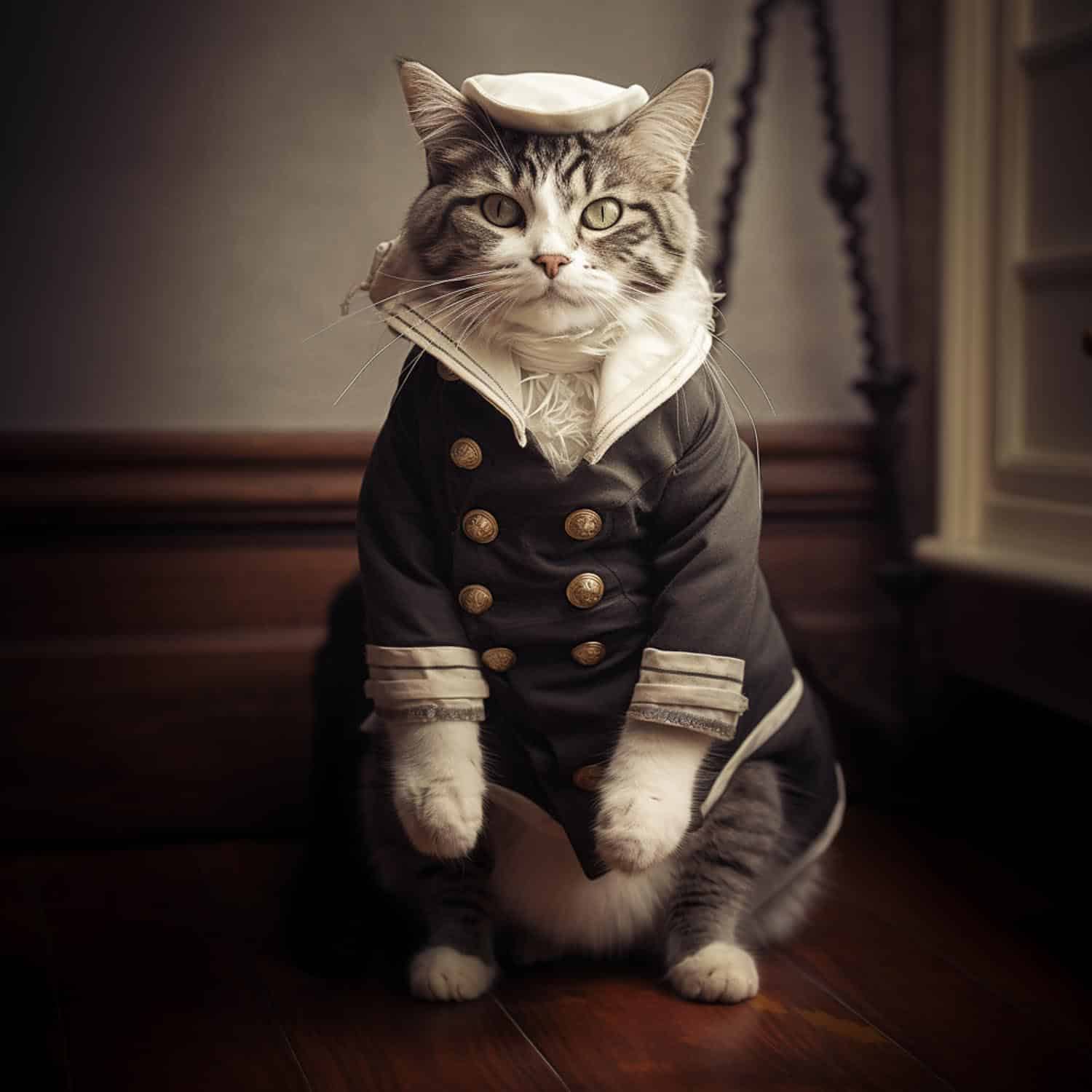 cat_dressed_as_sailor_on_a_sailship_1900s_blackandwhite