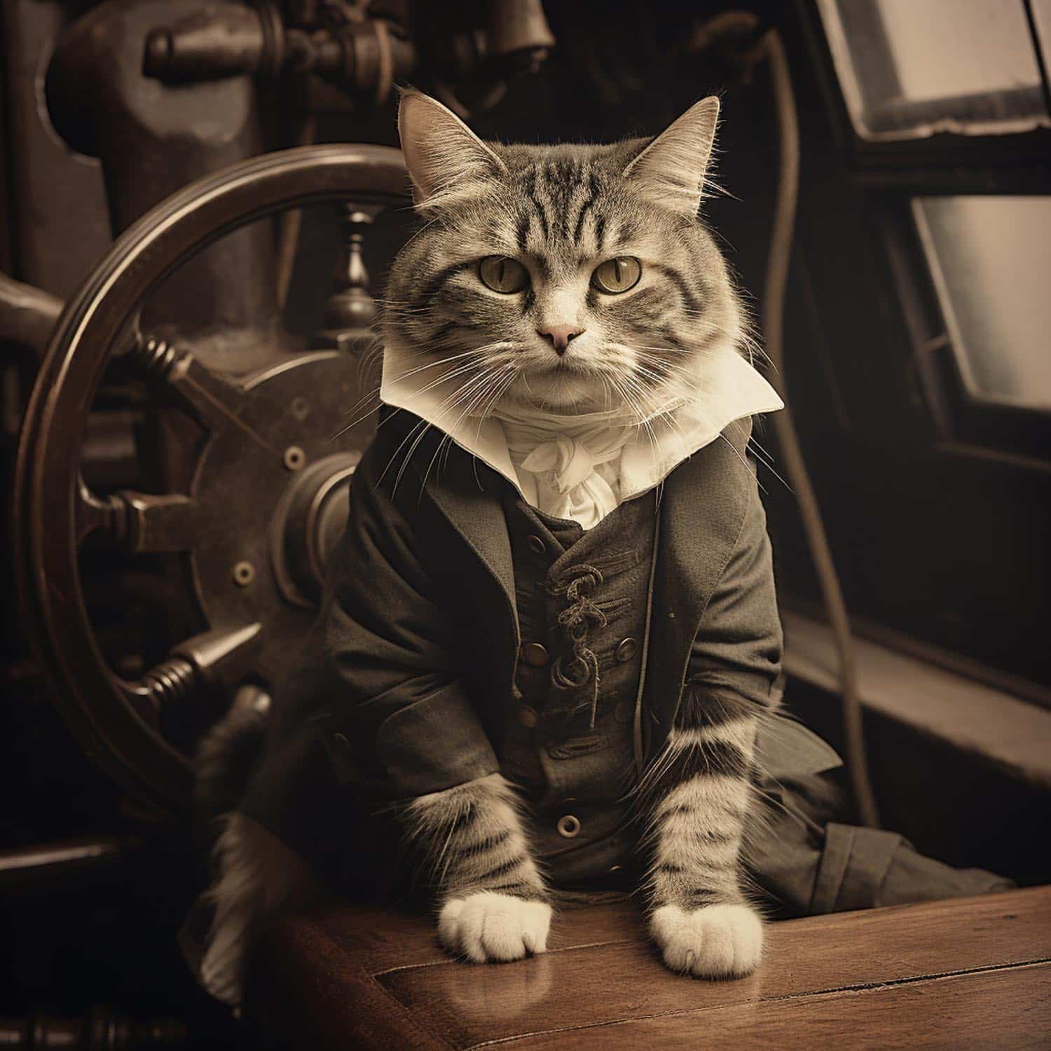 cat_dressed_as_sailor_on_a_steamship_1900s_blackandwhite